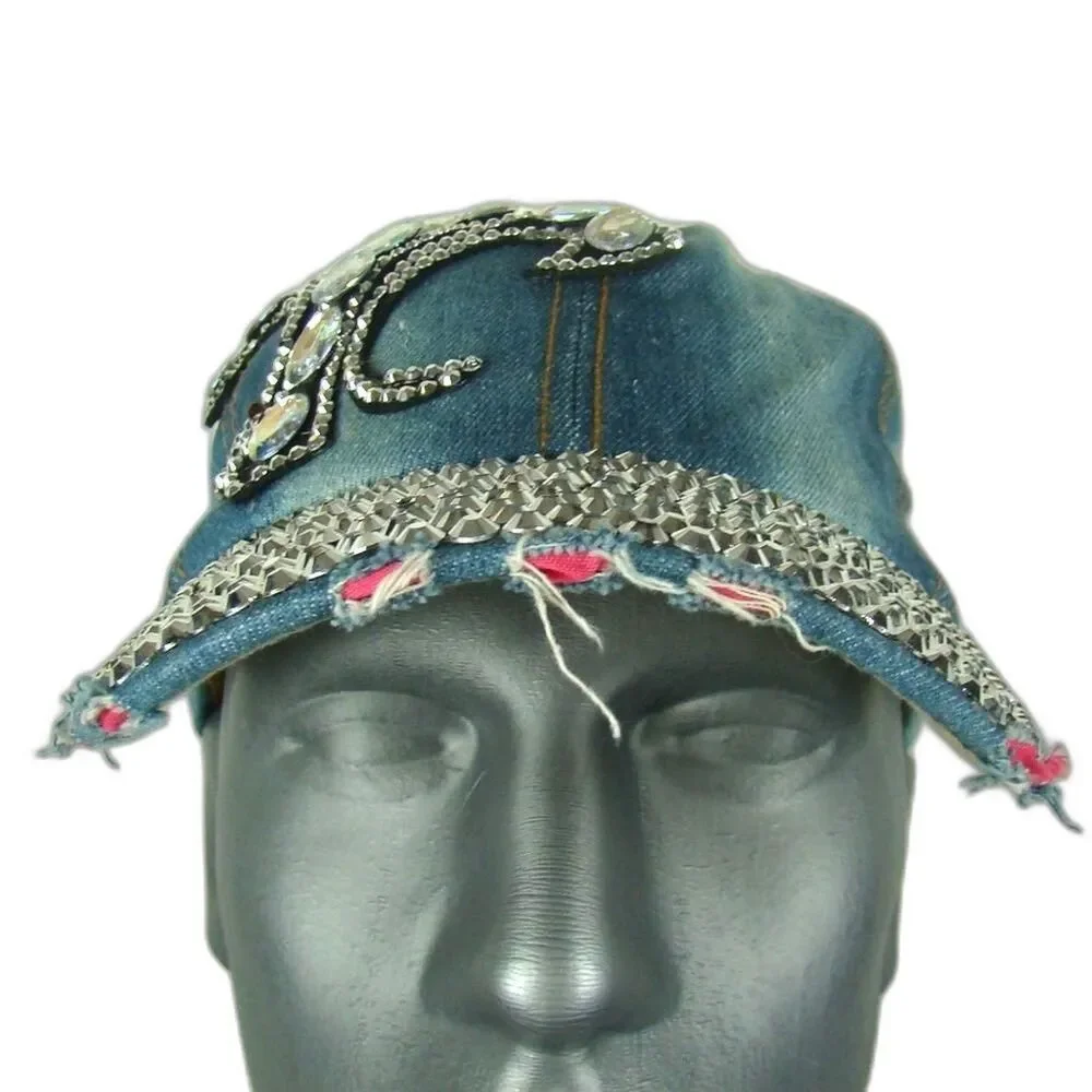 Womens One Size Blue Denim Bling Rhinestone Studded Distressed Adjustable Hat